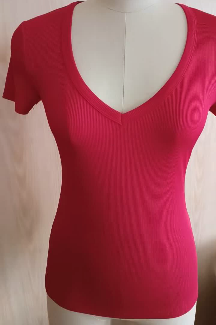 Slim Fit Ribbed V Neck Short Sleeve Tee - Red - 1