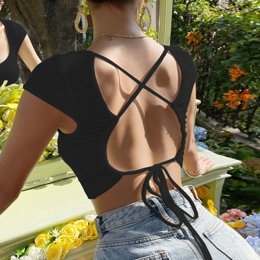 Criss Cross Back Cap Sleeve Crop Tee - Black - 2