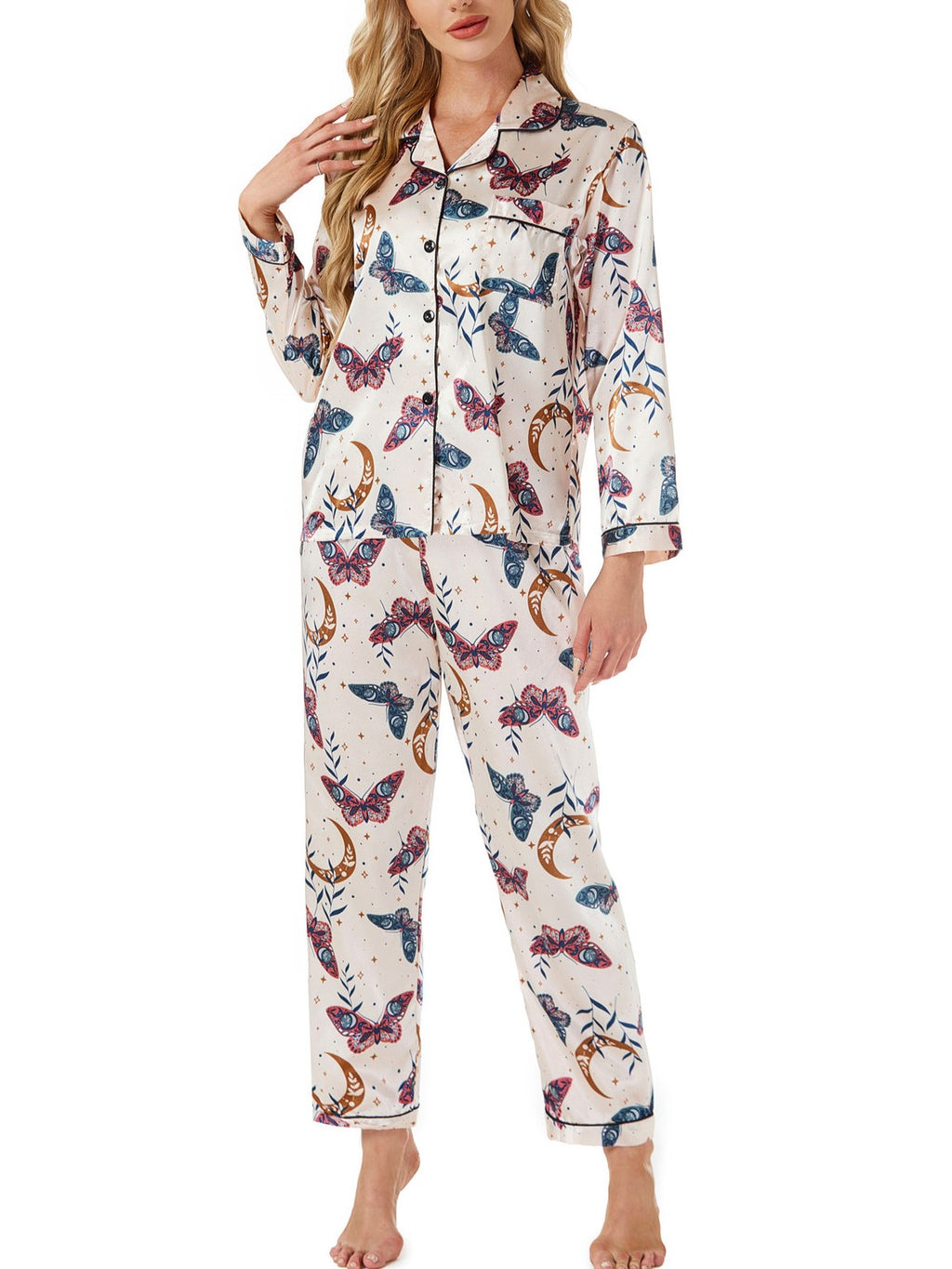 Novelty Print Satin Sleepwear Set - Butterfly