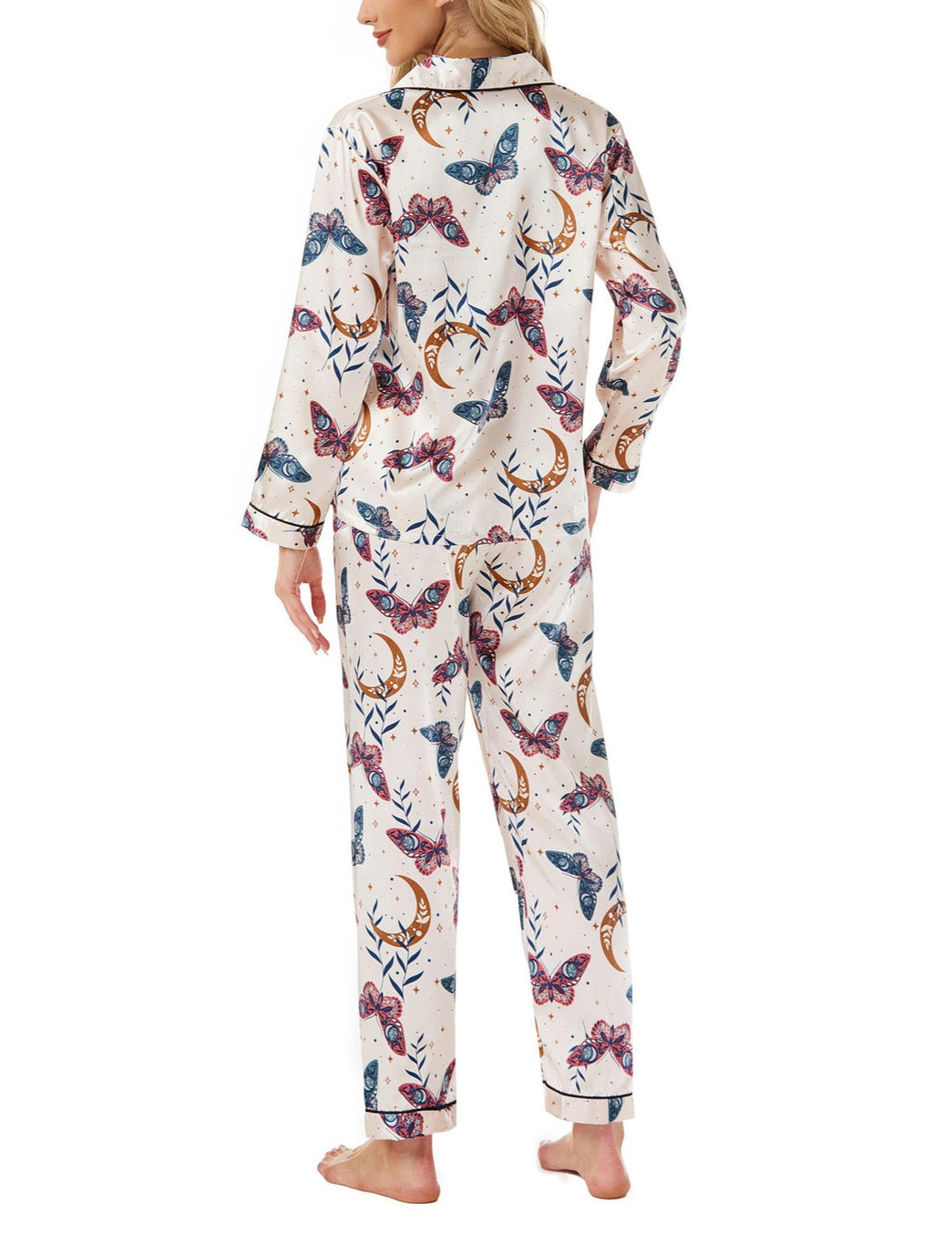 Novelty Print Satin Sleepwear Set - Butterfly - 1