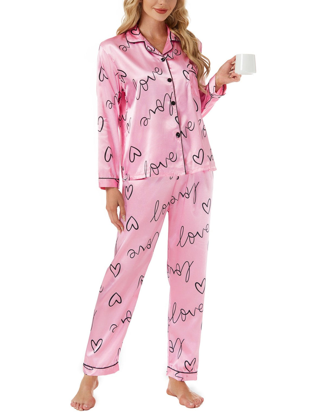 Novelty Print Satin Sleepwear Set - Love