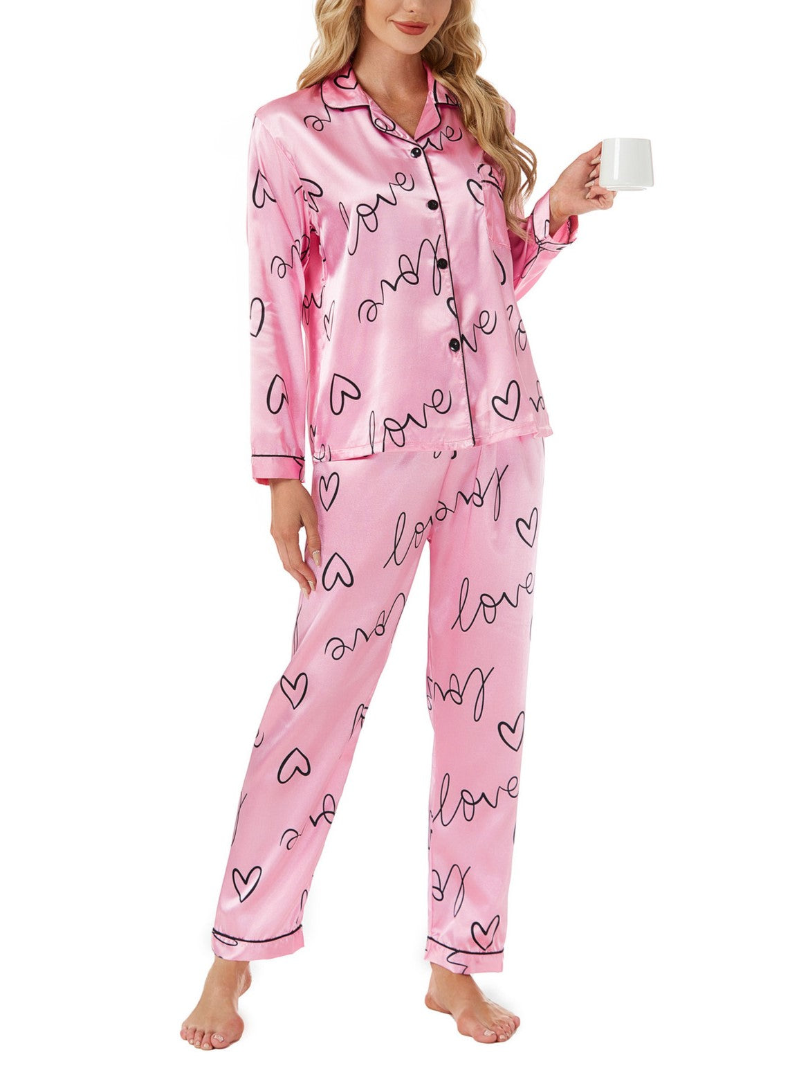 Novelty Print Satin Sleepwear Set - Love