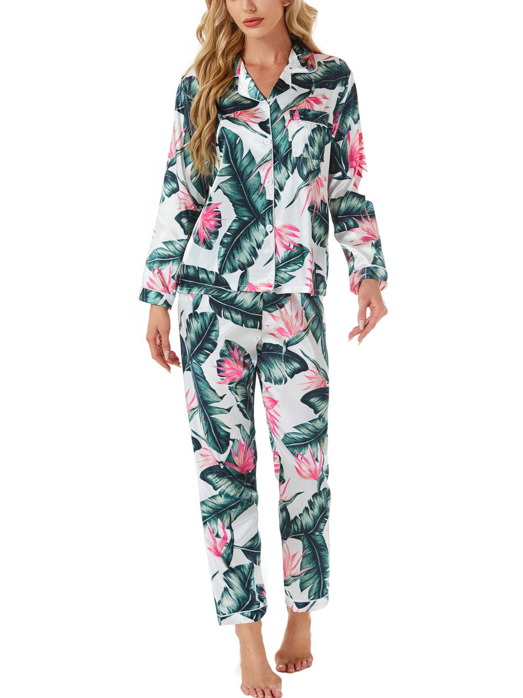 Novelty Print Satin Sleepwear Set - Plantains