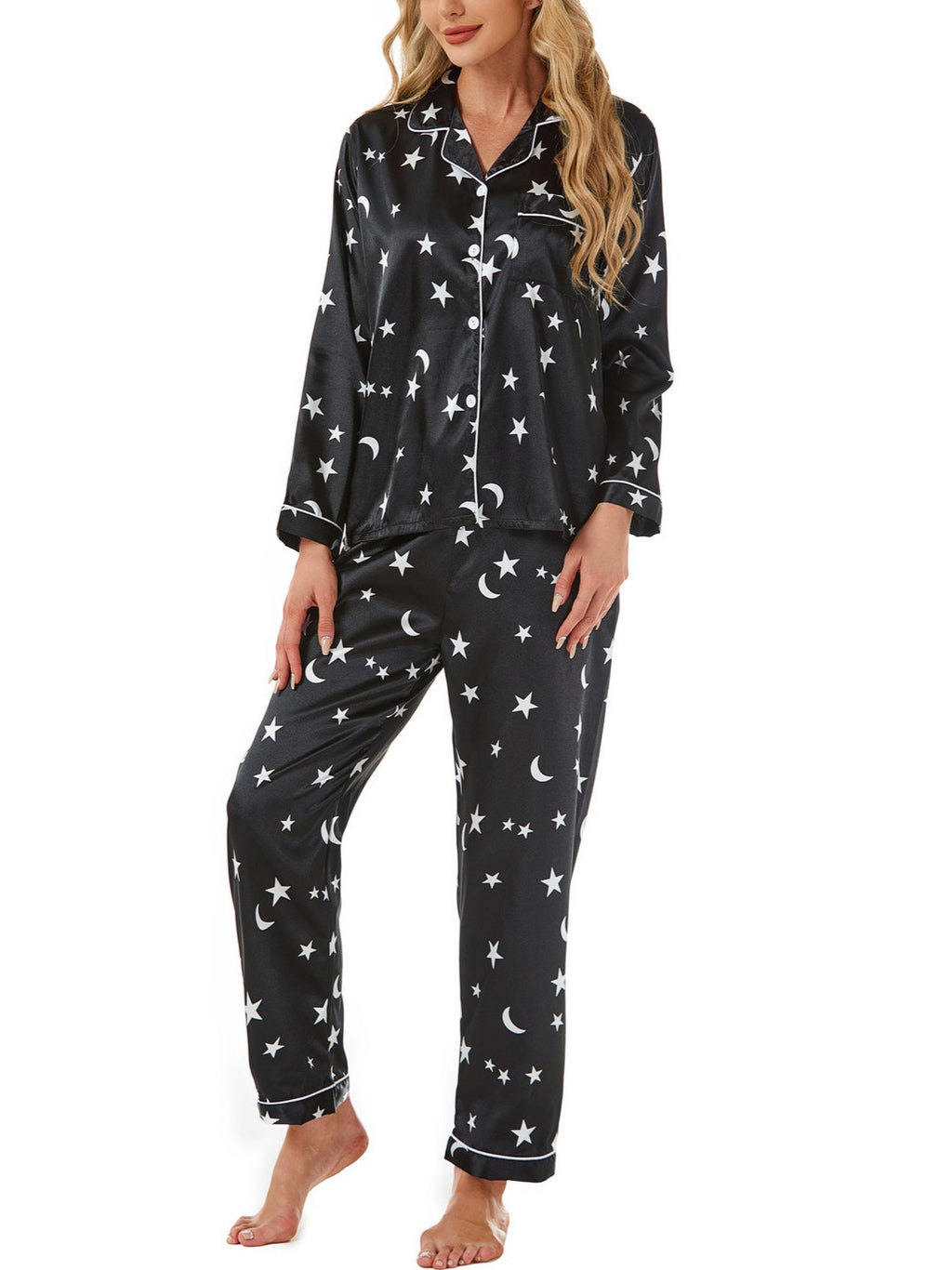 Novelty Print Satin Sleepwear Set - Stars
