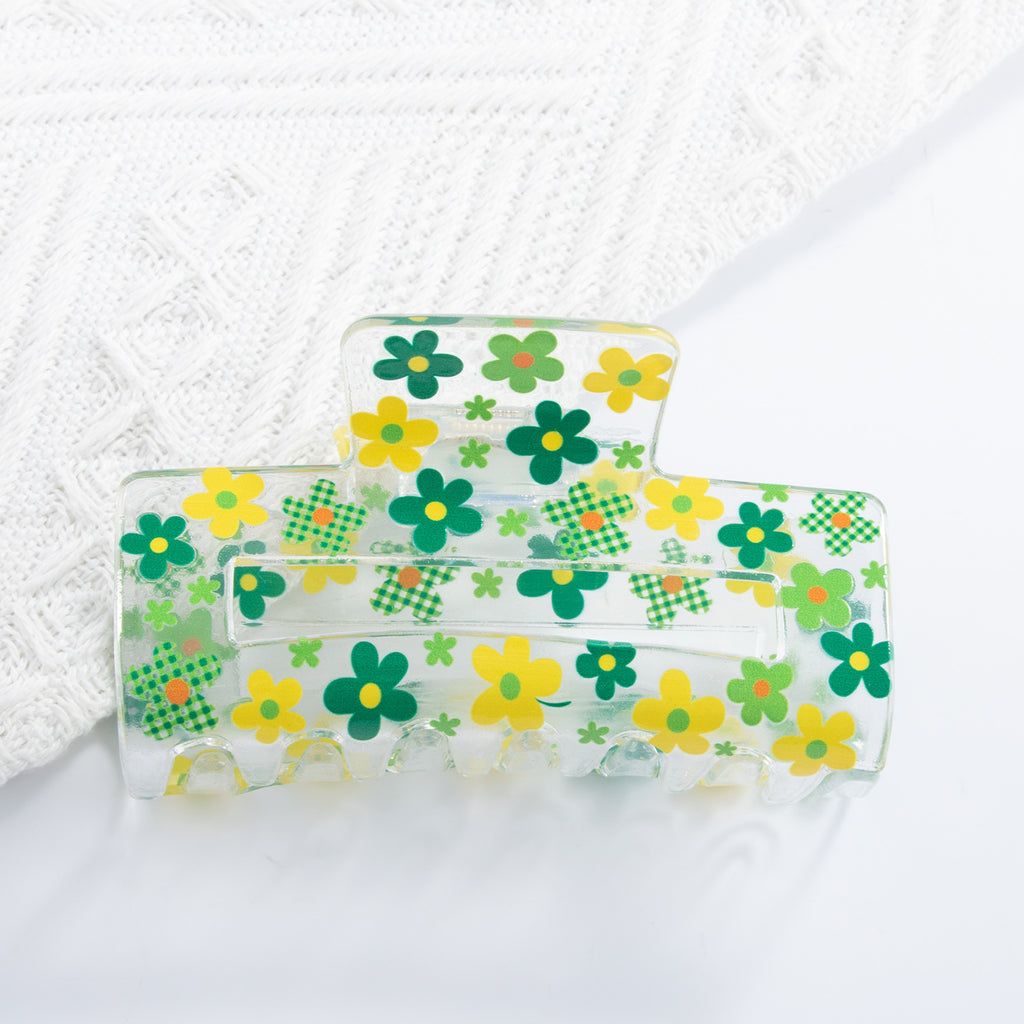 Clover Print Clear Rectangle Hair Claw - Color_4