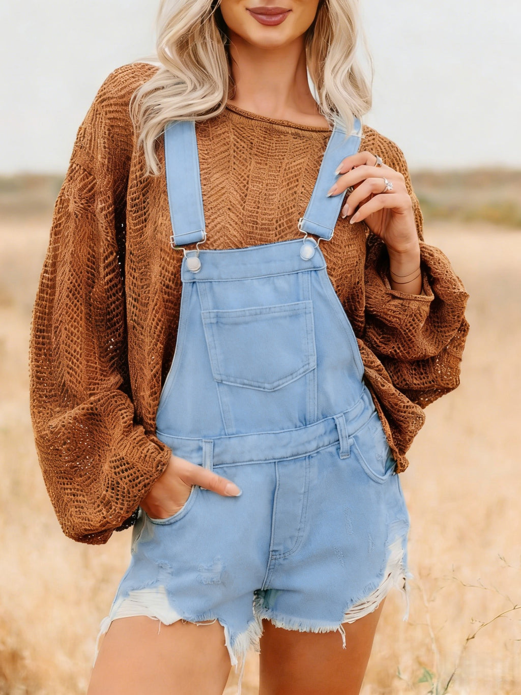 Distressed Denim Bib Overall Shorts - LightBlue