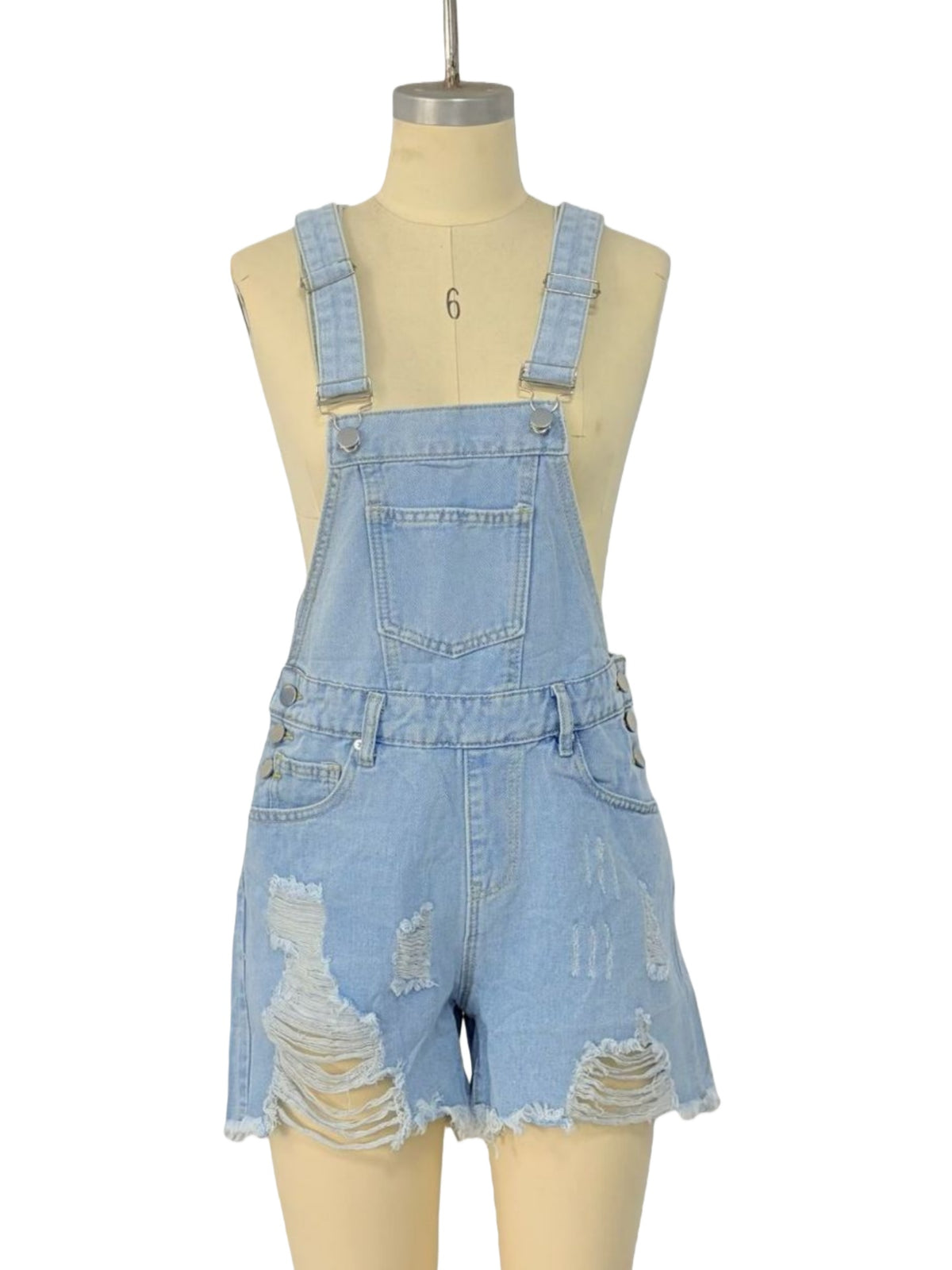 Distressed Denim Bib Overall Shorts - LightBlue - 1