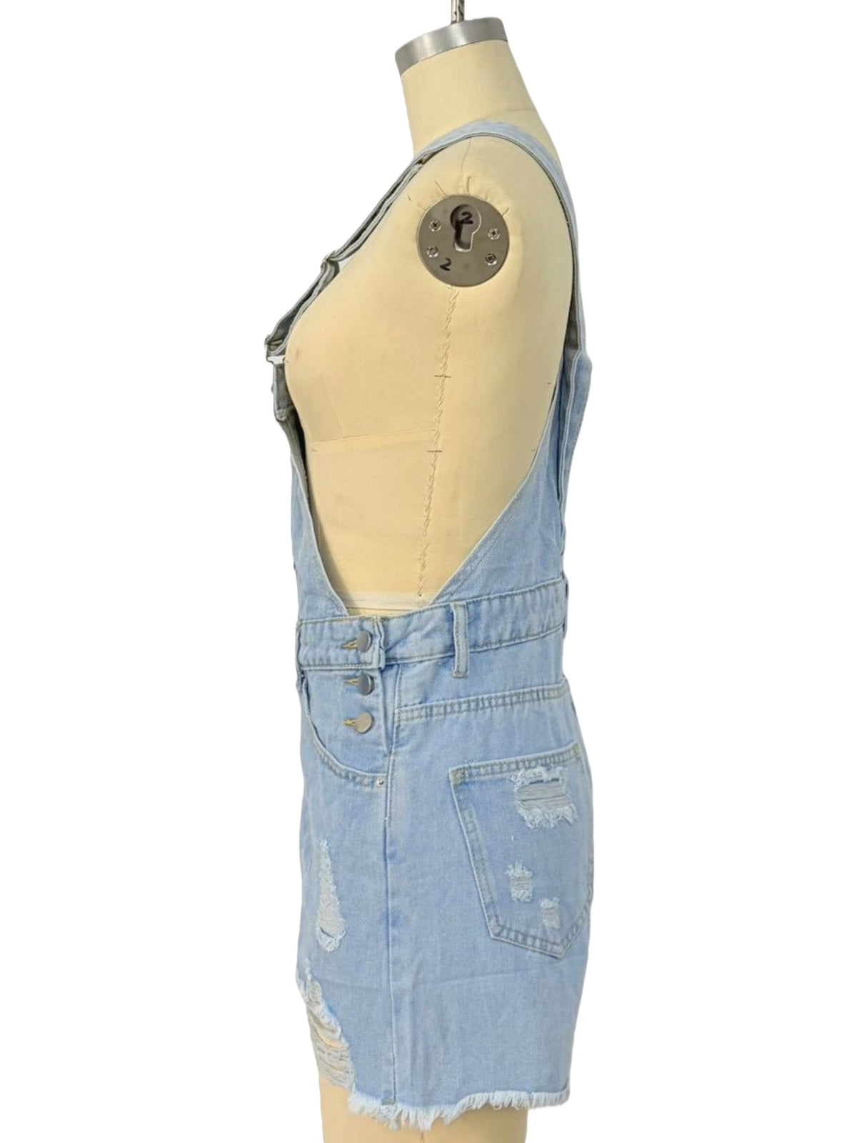 Distressed Denim Bib Overall Shorts - LightBlue - 2