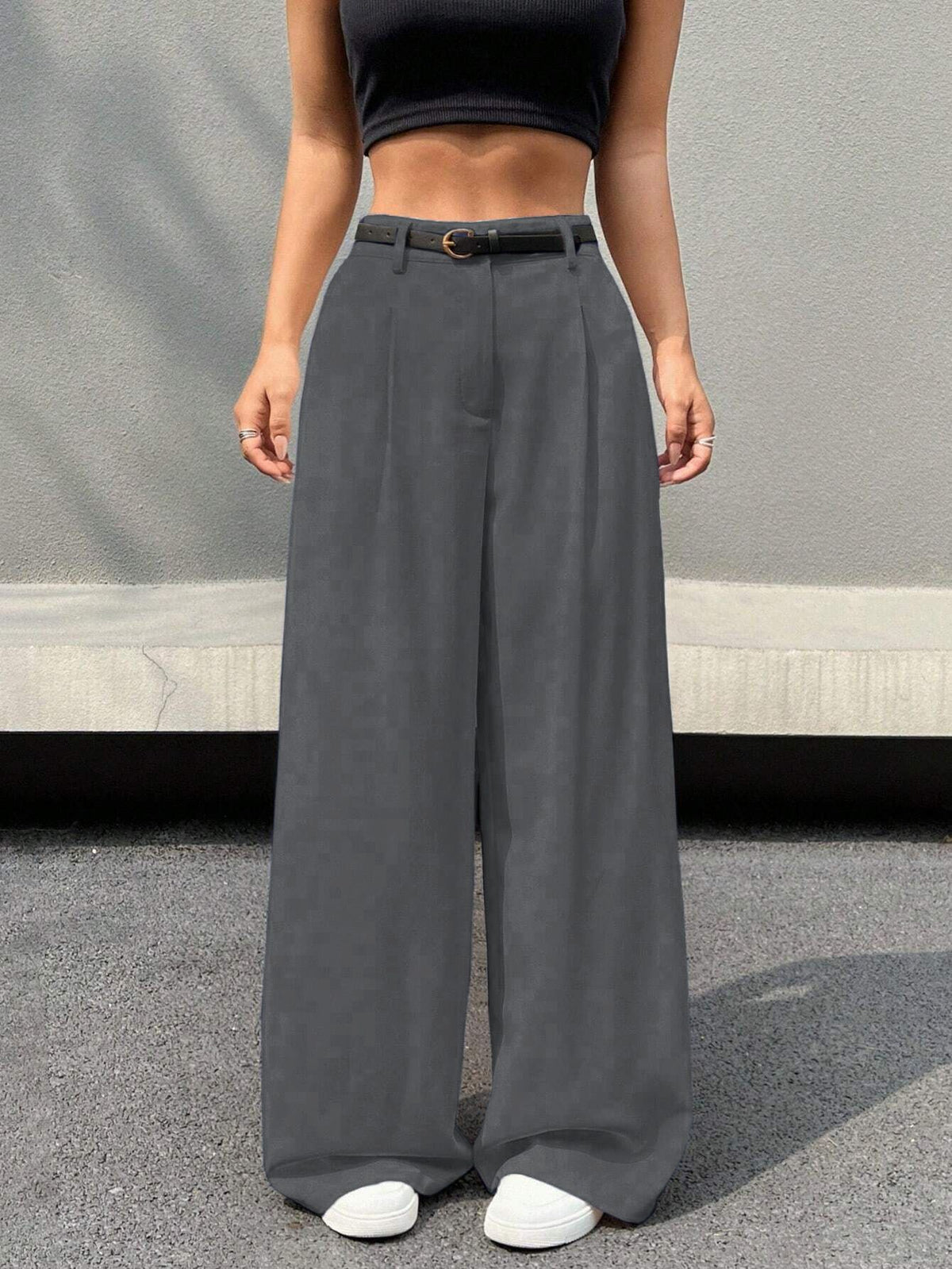Pleated Drape Wide Leg Suit Trousers - Grey
