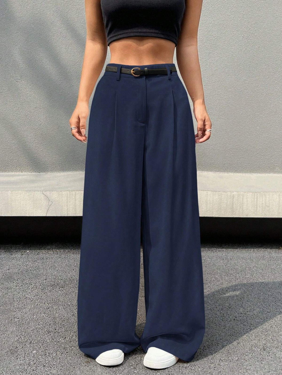 Pleated Drape Wide Leg Suit Trousers - Navy