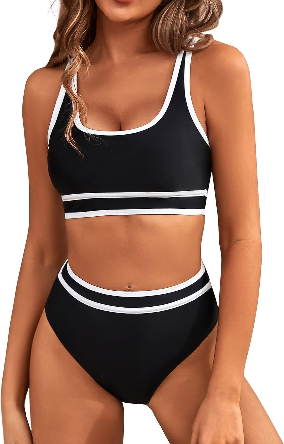 Contrast Trim High Waist Bikini Set - Black