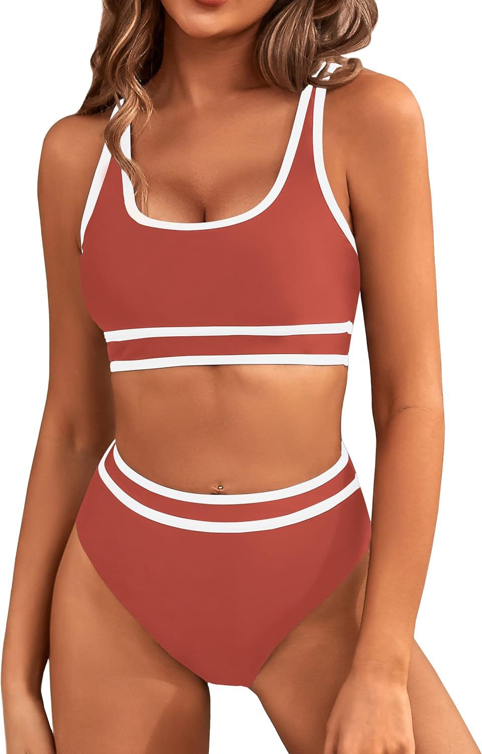 Contrast Trim High Waist Bikini Set - BrickRed