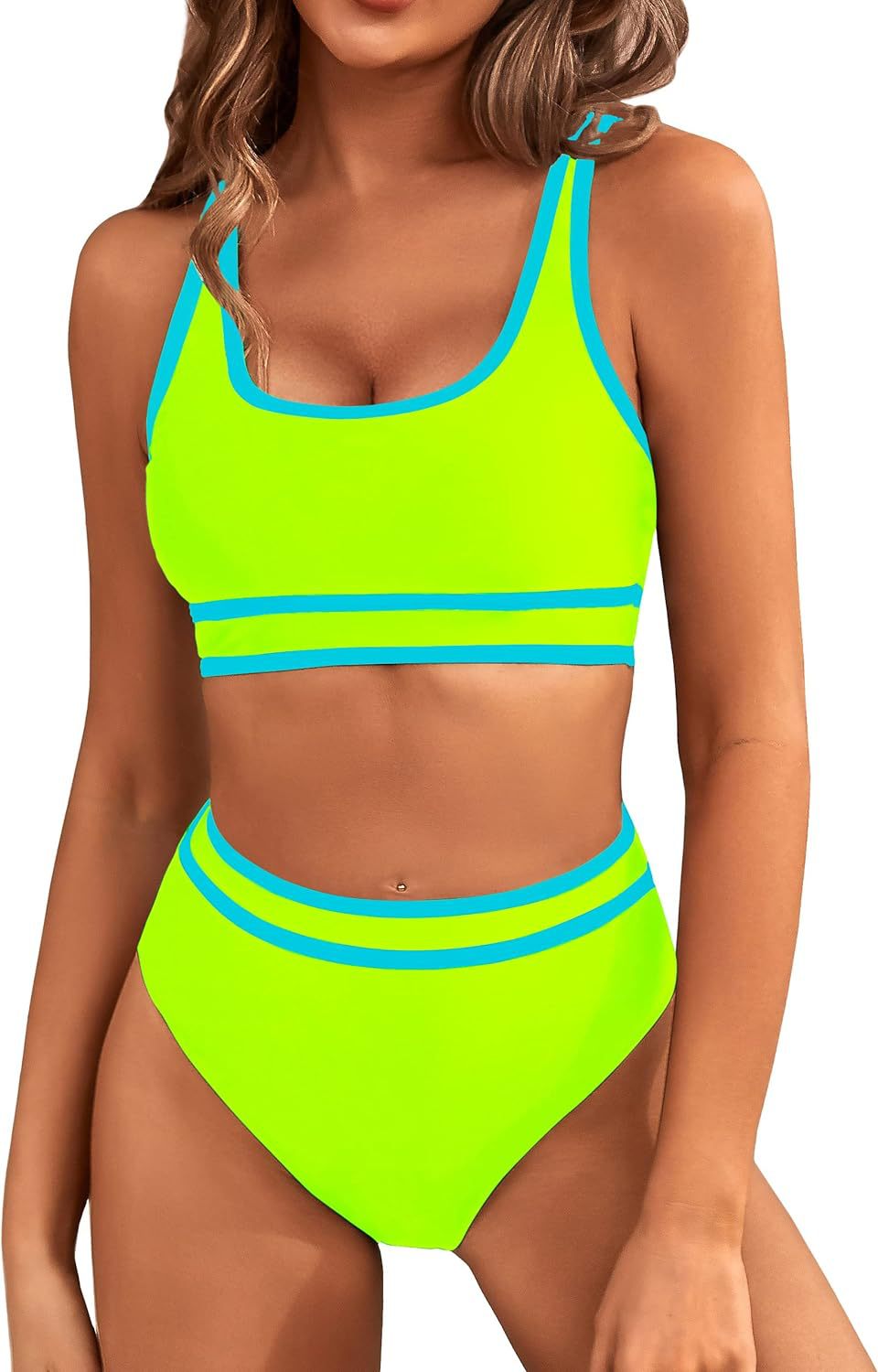 Contrast Trim High Waist Bikini Set - Fluorescent