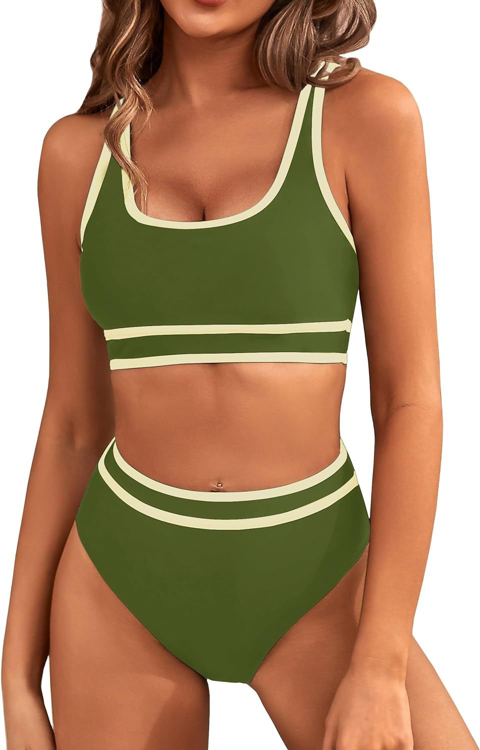 Contrast Trim High Waist Bikini Set - Olive - 2