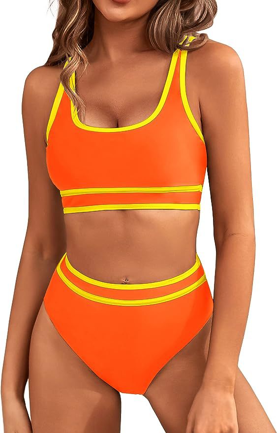 Contrast Trim High Waist Bikini Set - Orange