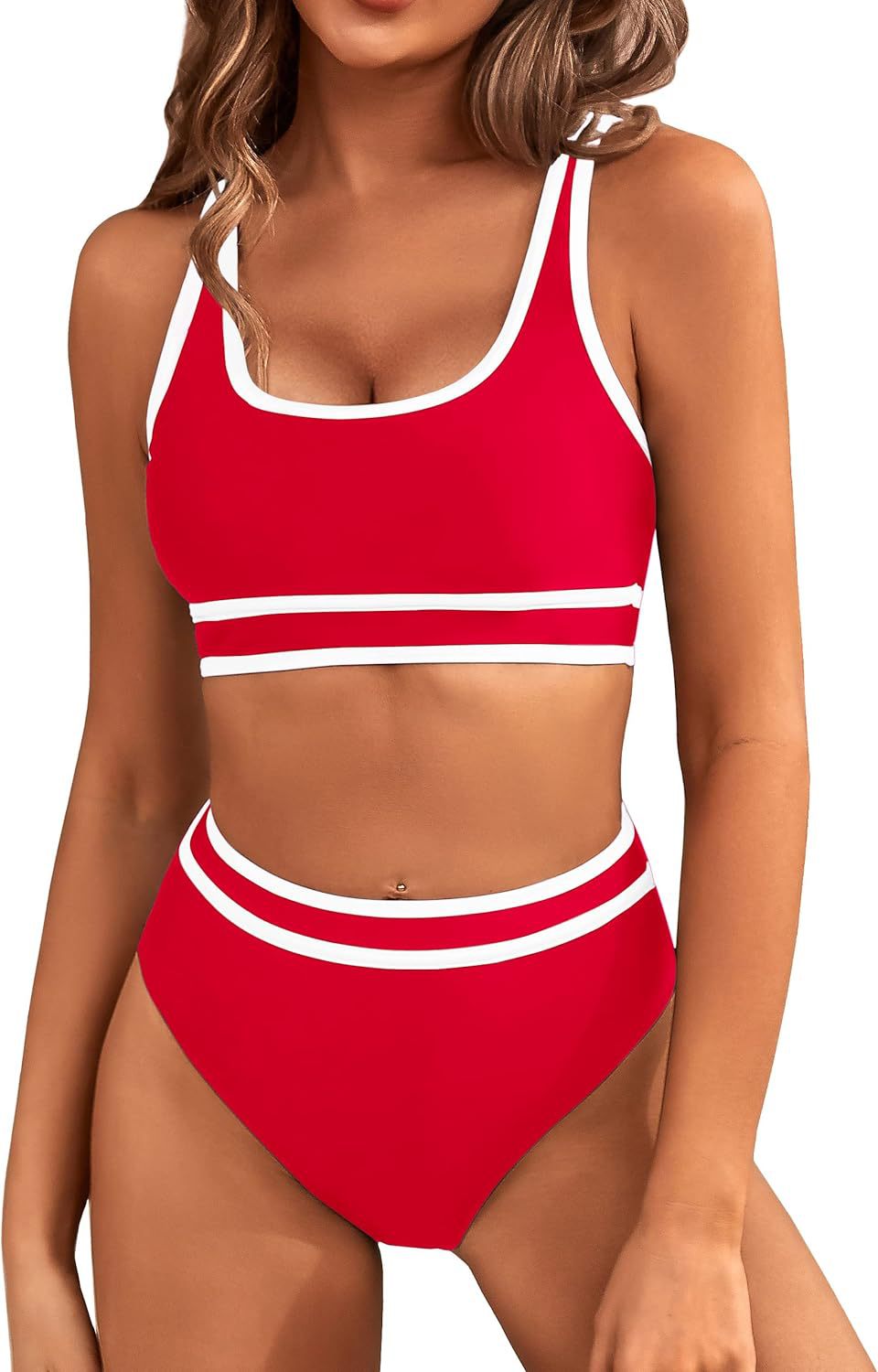 Contrast Trim High Waist Bikini Set - Red