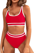 Contrast Trim High Waist Bikini Set - Red