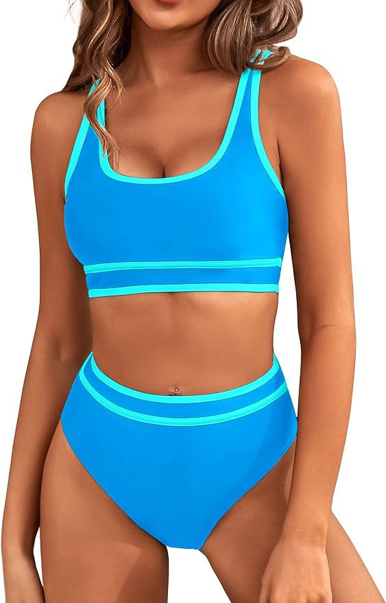 Contrast Trim High Waist Bikini Set - SkyBlue - 1