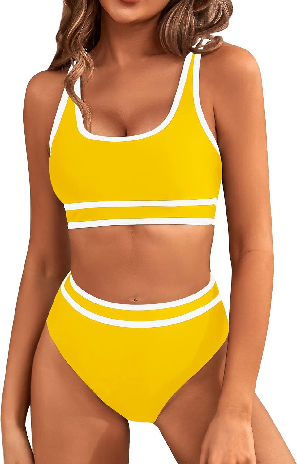 Contrast Trim High Waist Bikini Set - Yellow