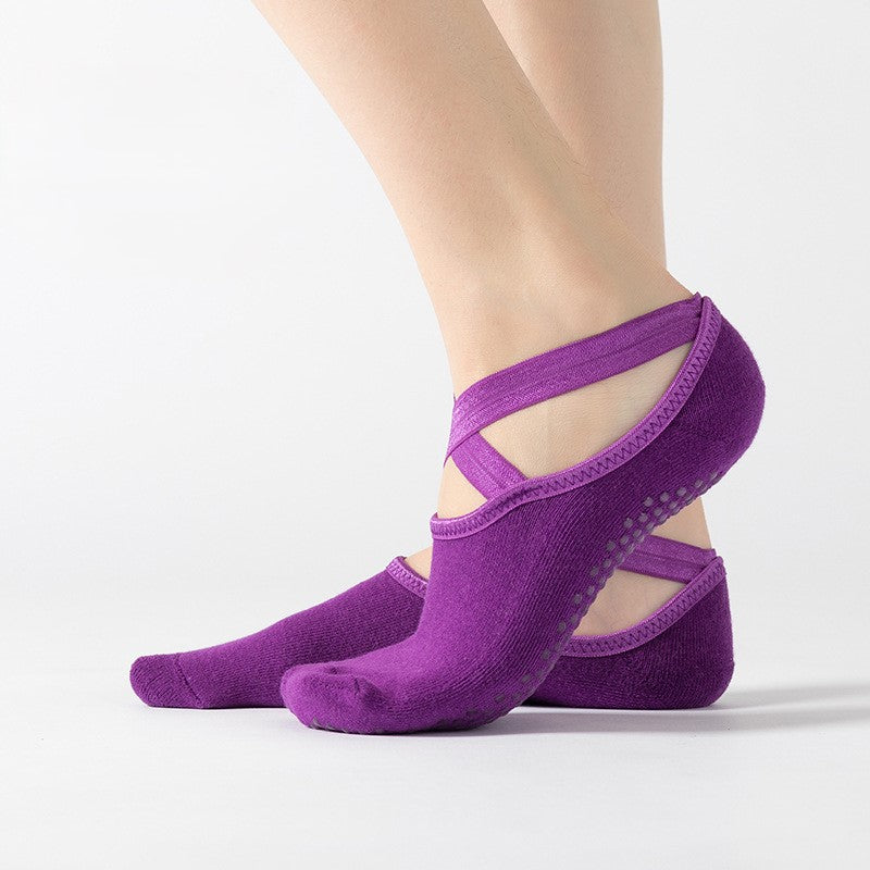 Backless Cross Strap Ballet Grip Socks - DkPurple