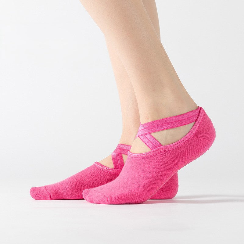 Backless Cross Strap Ballet Grip Socks - RoseRed
