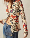 Butterfly Print Long Sleeve Button Shirt with Ruching - Beige