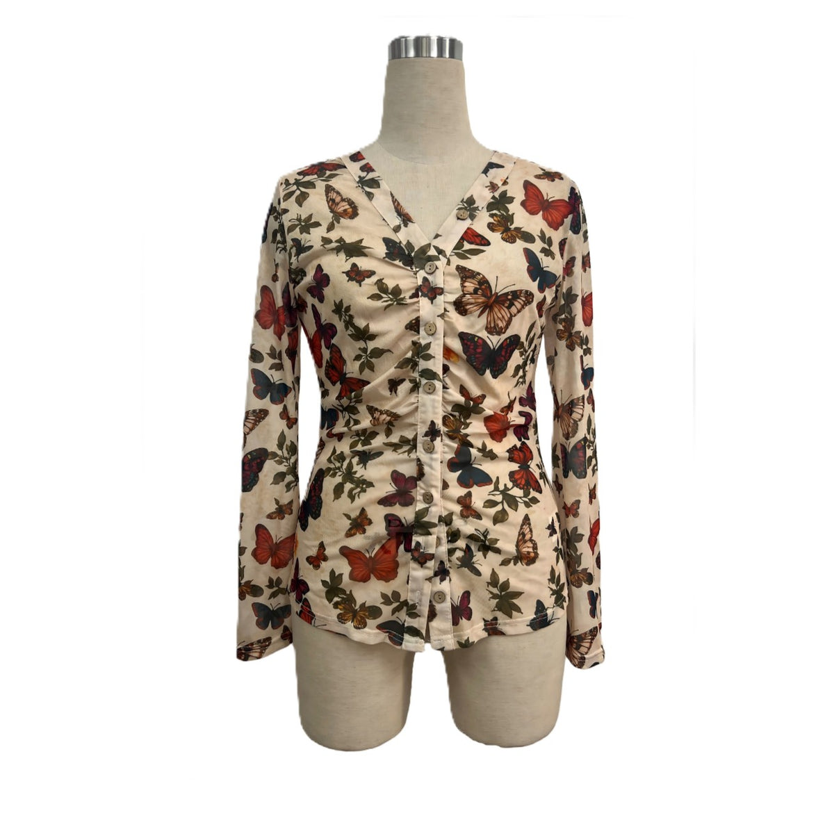 Butterfly Print Long Sleeve Button Shirt with Ruching - Beige - 1