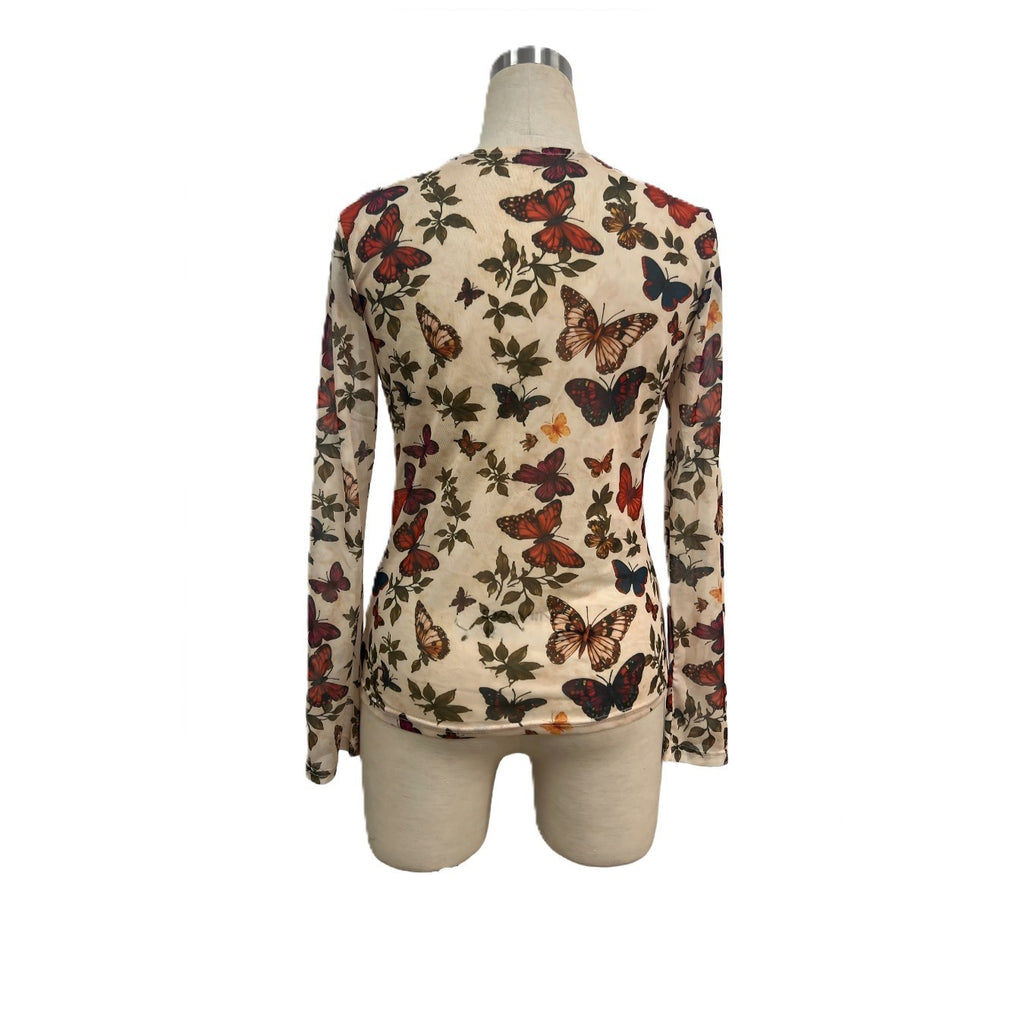 Butterfly Print Long Sleeve Button Shirt with Ruching - Beige - 2