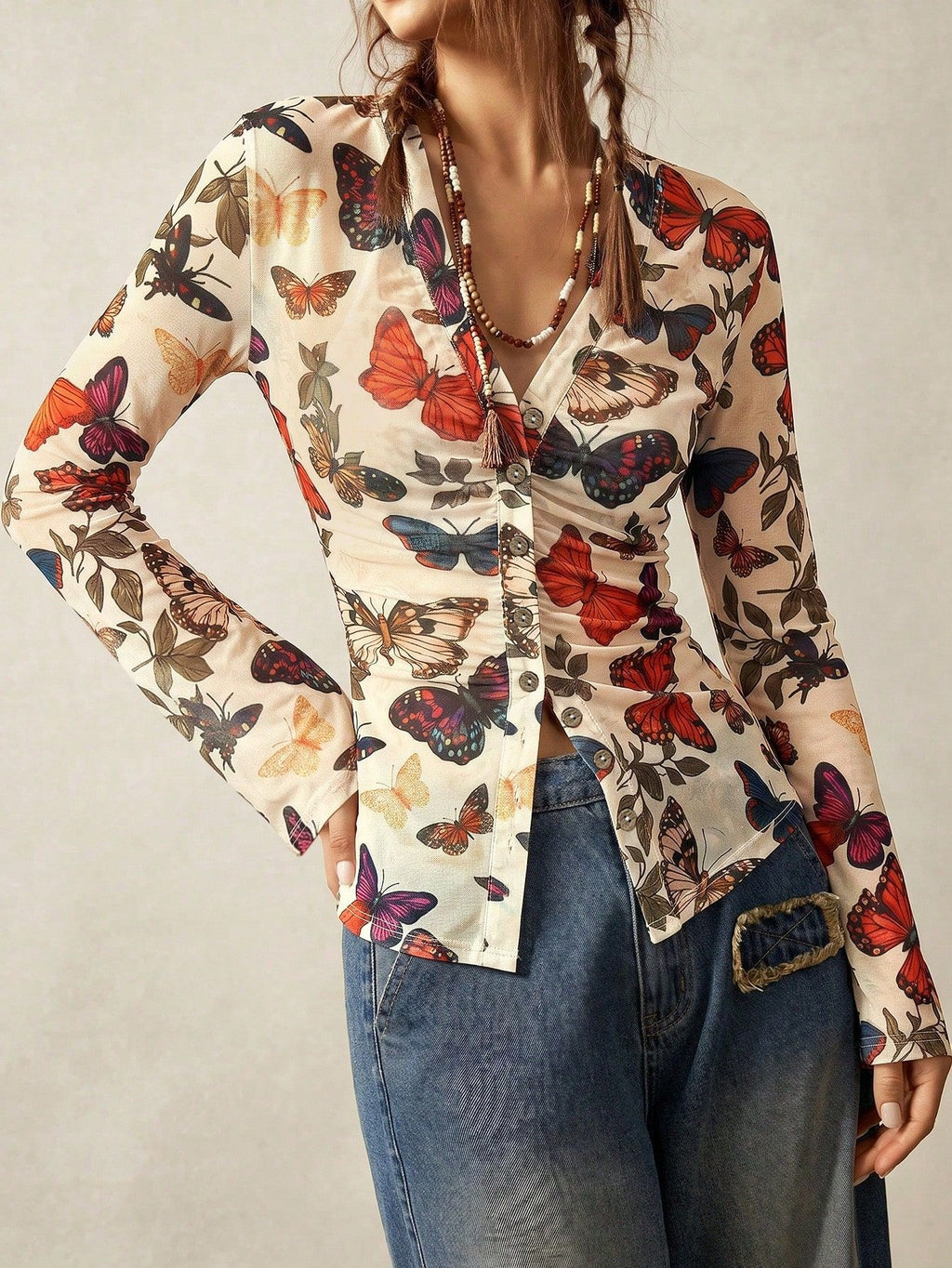 Butterfly Print Long Sleeve Button Shirt with Ruching - Beige - 4