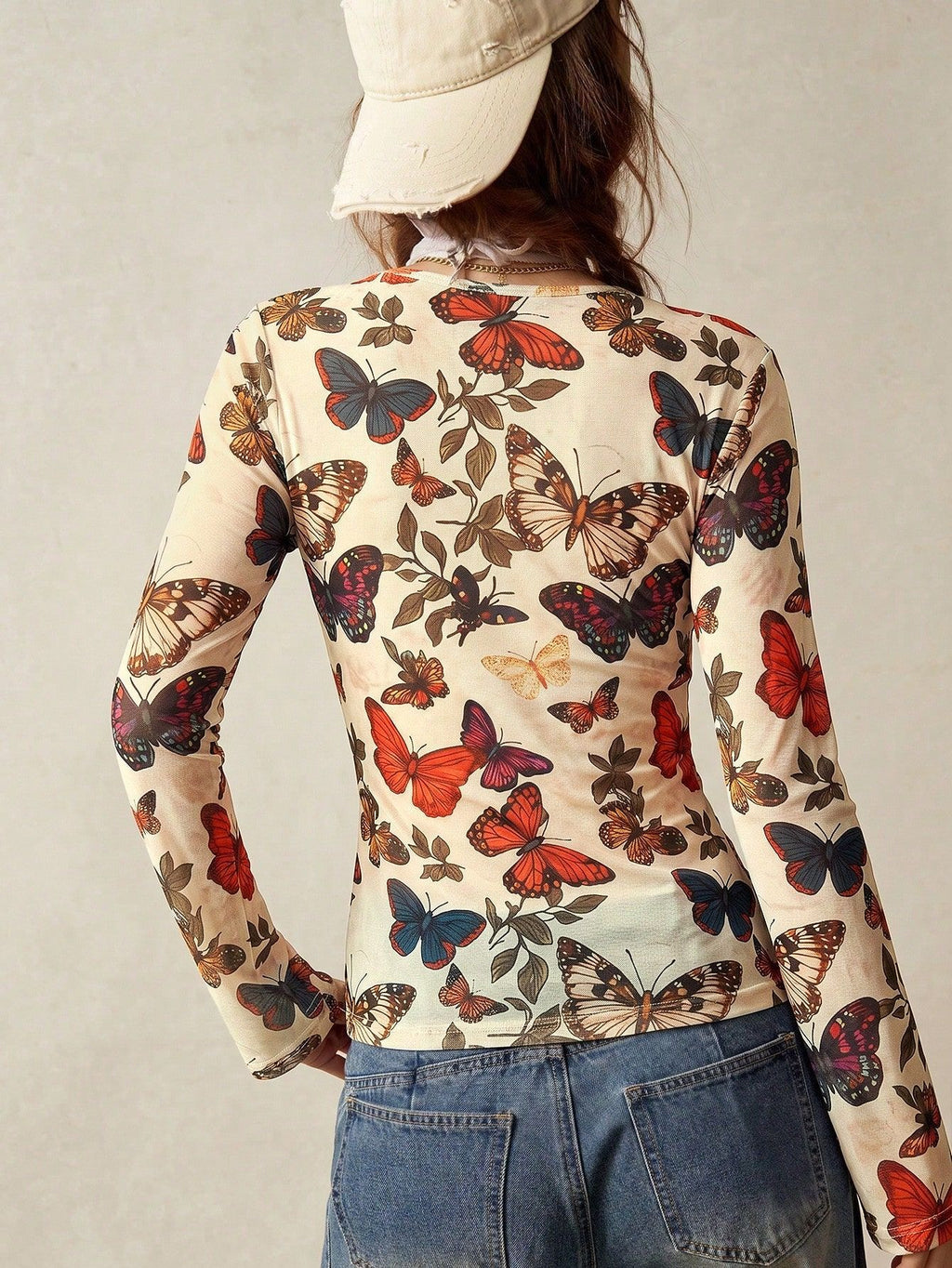 Butterfly Print Long Sleeve Button Shirt with Ruching - Beige - 5