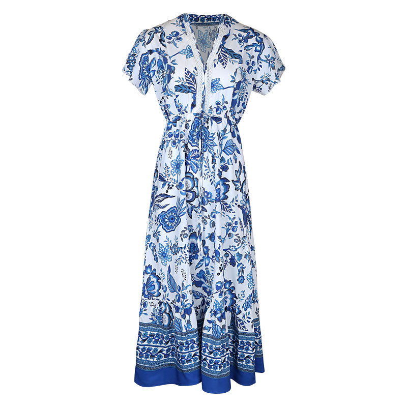Porcelain Print Button Front Maxi Dress - Blue
