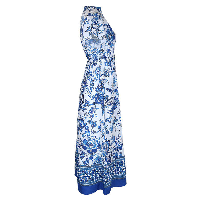 Porcelain Print Button Front Maxi Dress - Blue - 1