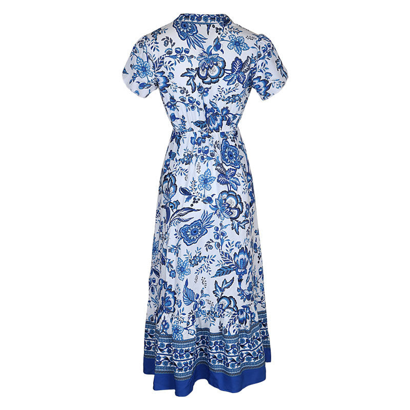 Porcelain Print Button Front Maxi Dress - Blue - 2