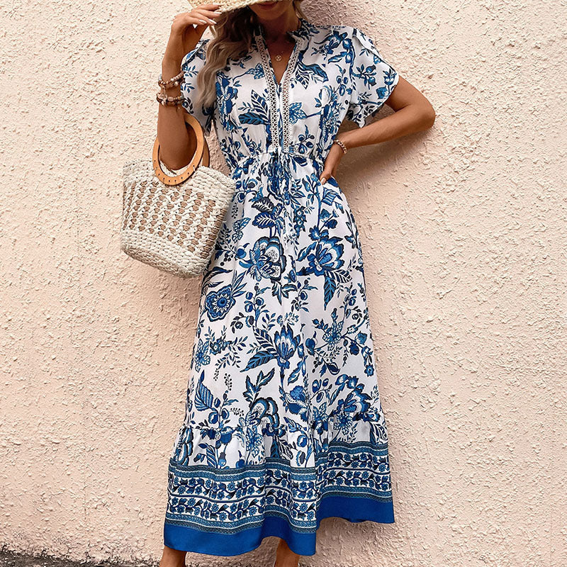 Porcelain Print Button Front Maxi Dress - Blue - 4