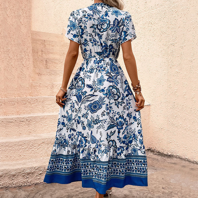 Porcelain Print Button Front Maxi Dress - Blue - 5