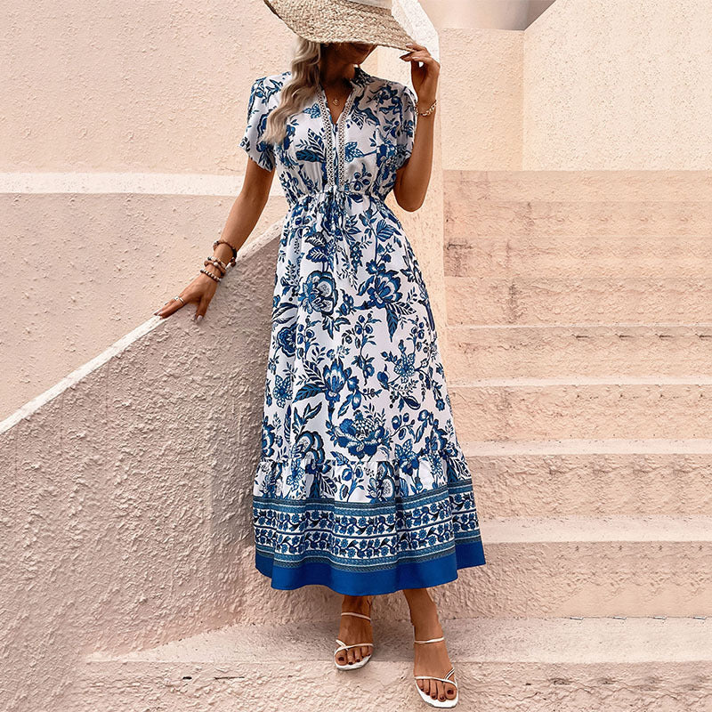 Porcelain Print Button Front Maxi Dress - Blue - 6