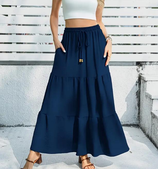 Drawstring Waist Tiered Boho Maxi Skirt - Blue