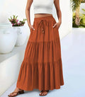 Drawstring Waist Tiered Boho Maxi Skirt - Orange