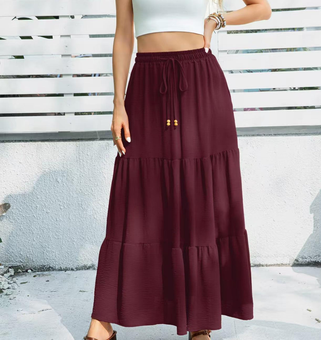 Drawstring Waist Tiered Boho Maxi Skirt - Wine_red