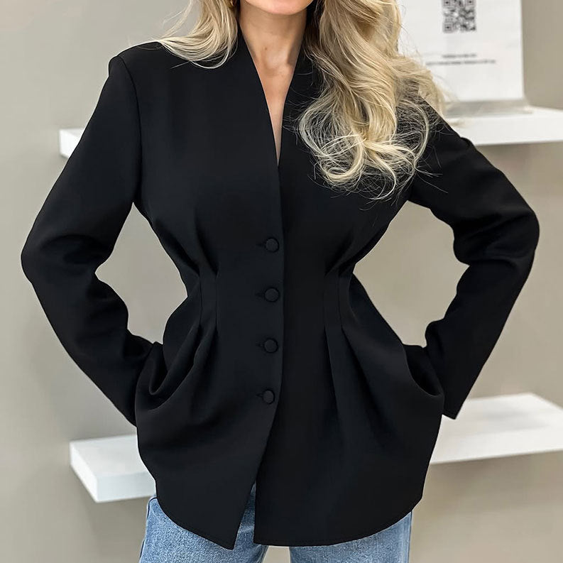 Stand Collar Peplum Waist Button Blazer - Black