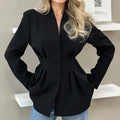 Stand Collar Peplum Waist Button Blazer - Black