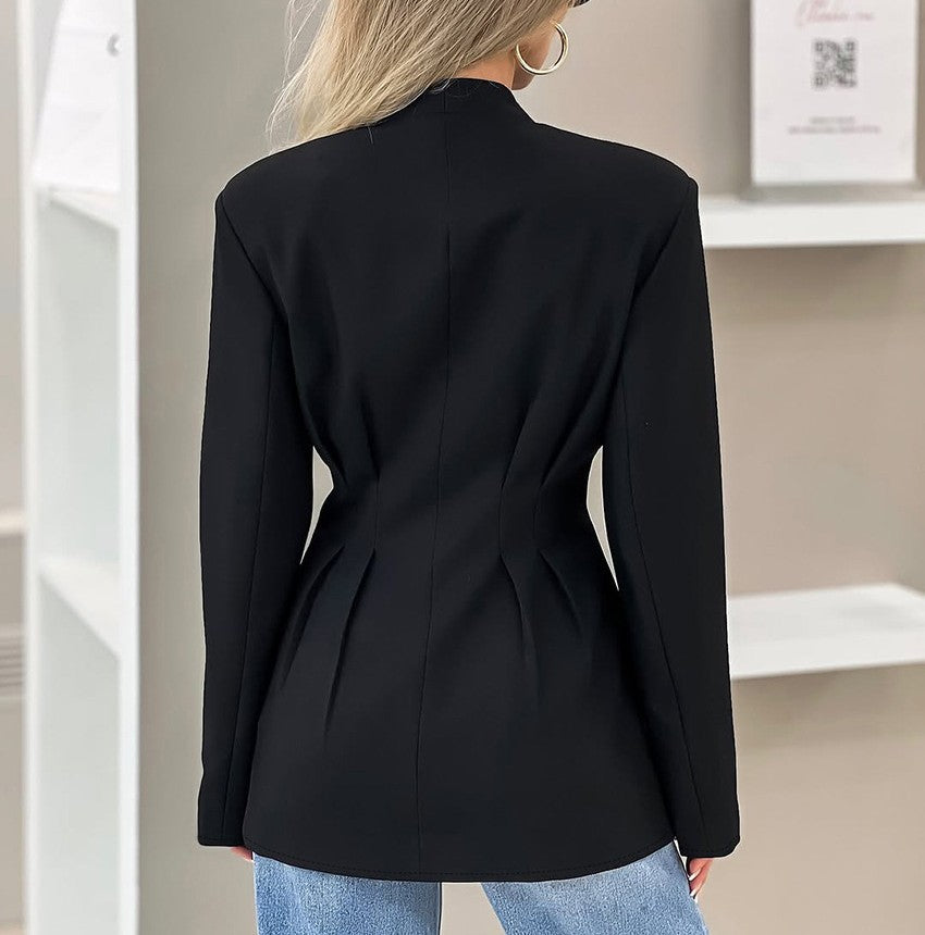 Stand Collar Peplum Waist Button Blazer