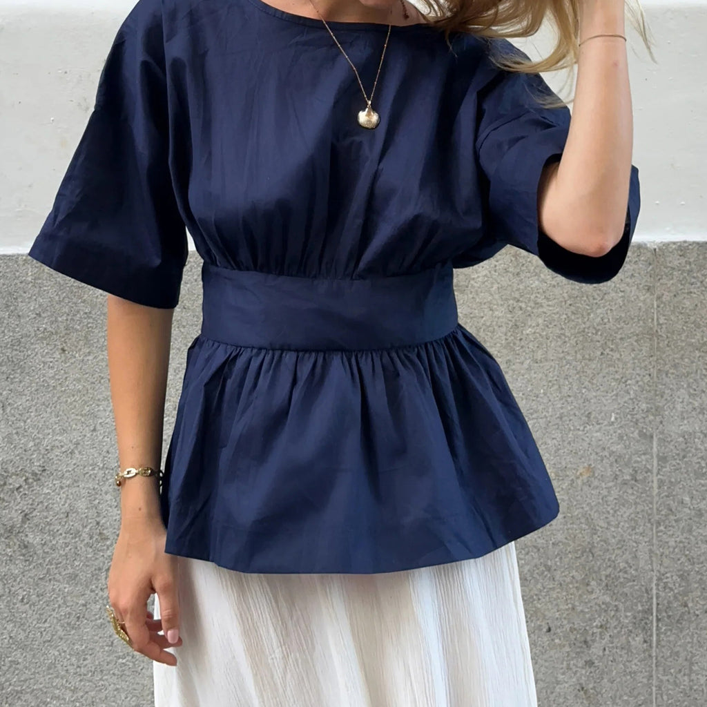 Backless Bow Tie Peplum Waist Blouse - DarkBlue - 1
