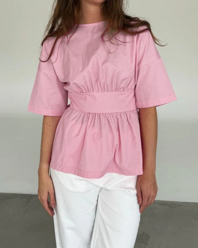 Backless Bow Tie Peplum Waist Blouse - Pink - 1
