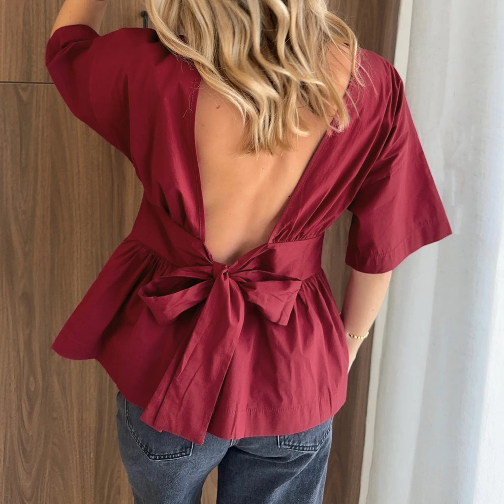 Backless Bow Tie Peplum Waist Blouse - Purple