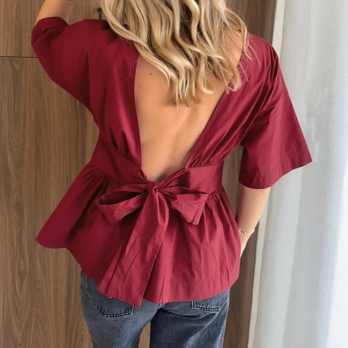 Backless Bow Tie Peplum Waist Blouse - Purple