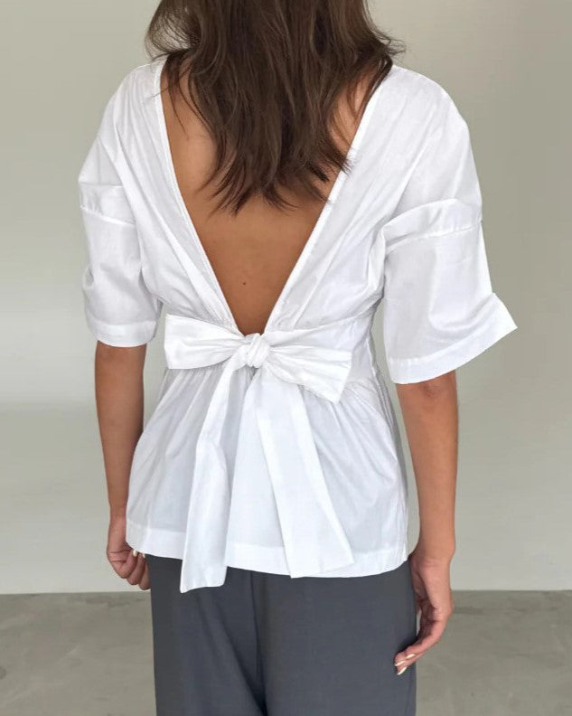 Backless Bow Tie Peplum Waist Blouse - White