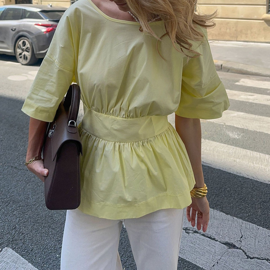 Backless Bow Tie Peplum Waist Blouse - Yellow - 1