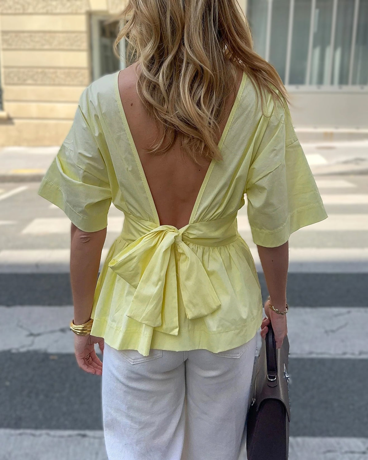 Backless Bow Tie Peplum Waist Blouse - Yellow - 2