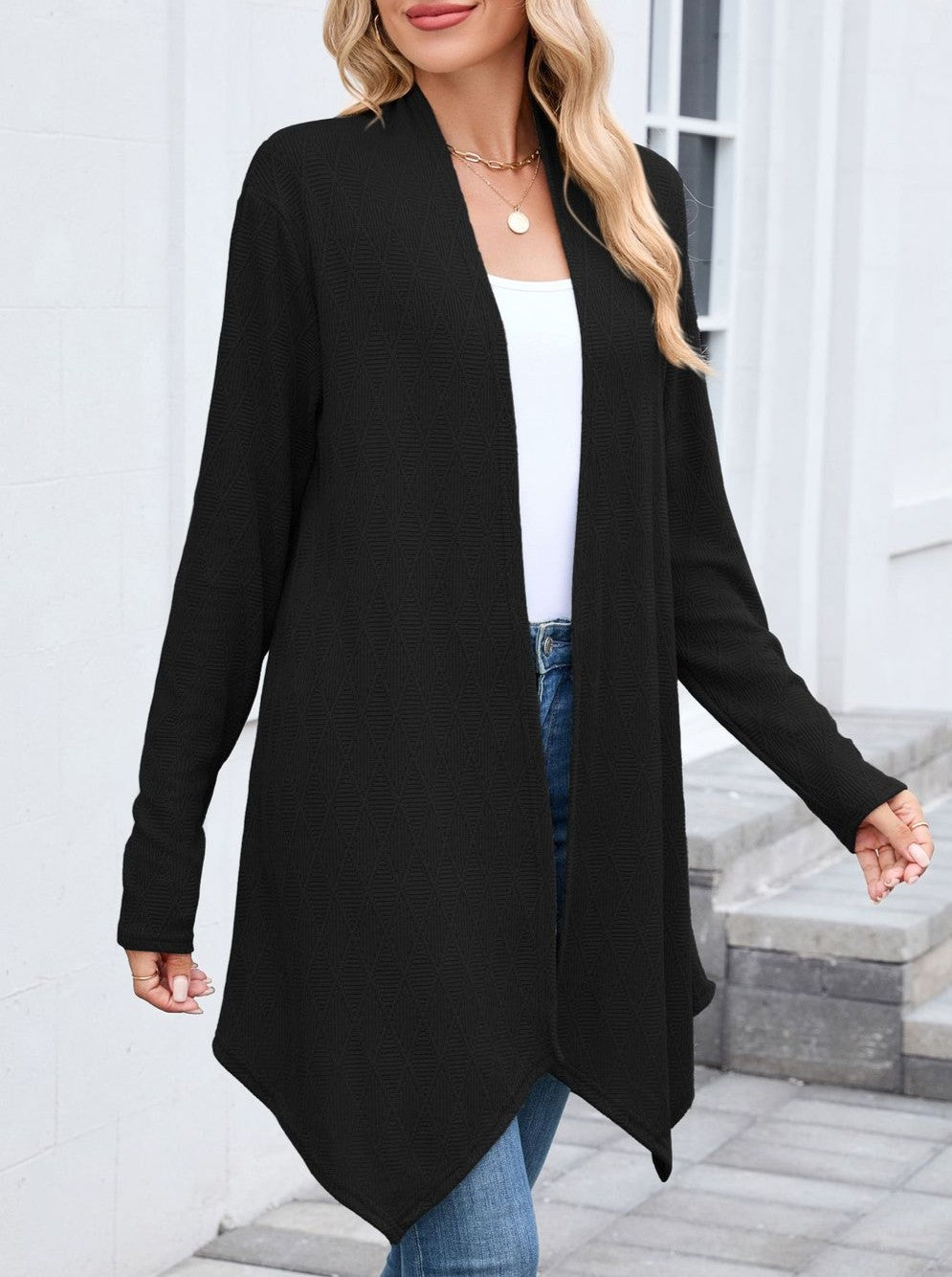 Draped Handkerchief Hem Longline Cardigan - Black